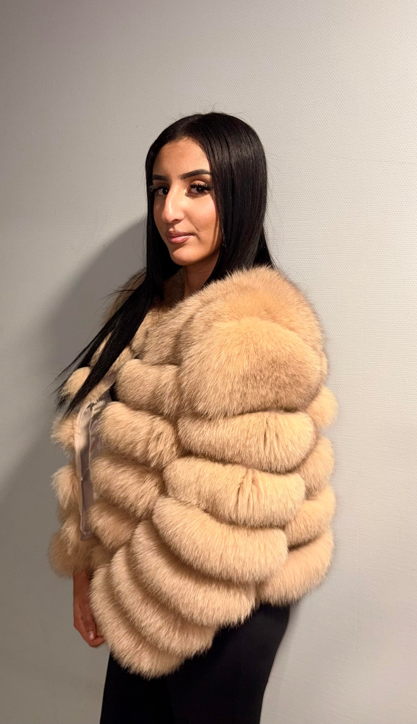 Fourrure véritable de renard et de putois courte beige – Manteau modulable poil court à manches amovibles