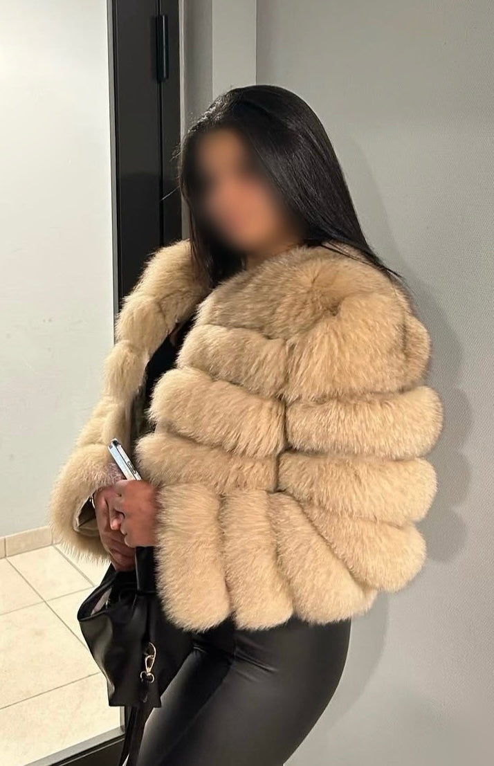 Fourrure véritable de renard et de putois courte beige  – Manteau modulable poil court à manches amovibles