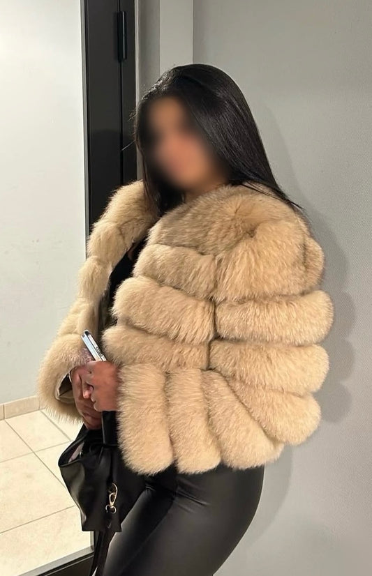 Fourrure véritable de renard et de putois courte beige  – Manteau modulable poil court à manches amovibles