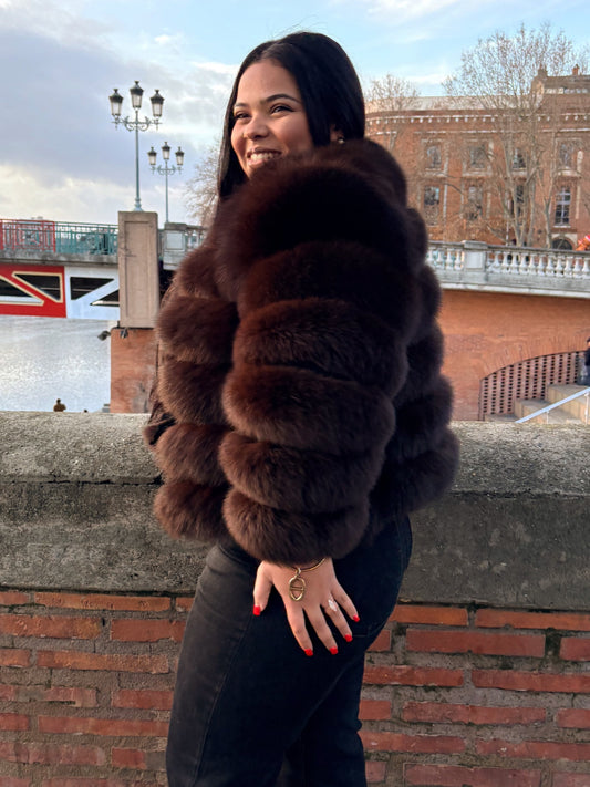 Fourrure véritable de renard et de putois marron chocolat courte –Manteau modulable poil court à manches amovibles