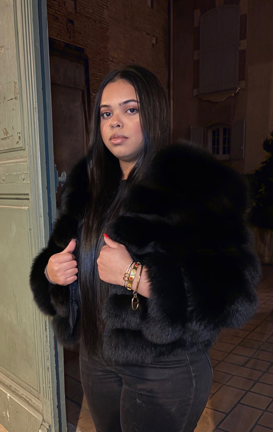 Fourrure véritable de renard et de putois noire courte femme – Manteau modulable poil court à manches amovibles