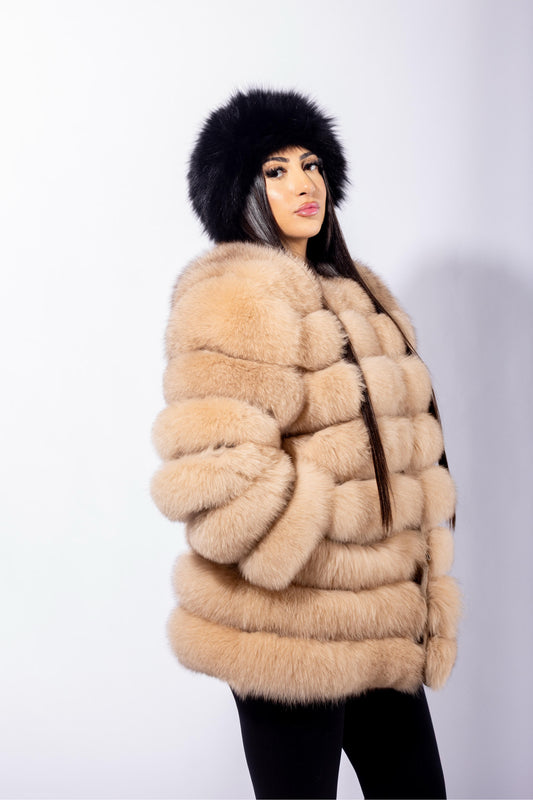 Fourrure véritable de renard et de putois beige mi-longue – Manteau modulable poil court à manches et partie basse amovibles