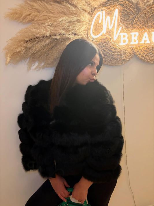 Manteau Court en Fourrure Noire de Luxe – Veste Élégante et Chaude à Manches Courtes