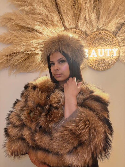 Veste et Chapka en Fourrure Multitons – Brun Doré Luxueux et Chaude